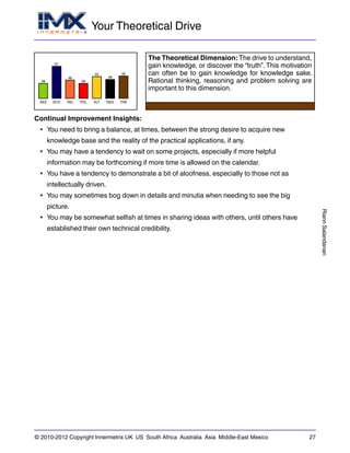 Your Theoretical Drive
RiannSalandanan
© 2010-2012 Copyright Innermetrix UK US South Africa Australia Asia Middle-East Mexico 27
AES
38
ECO
81
IND
46
POL
38
ALT
55
REG
48
THE
56
The Theoretical Dimension: The drive to understand,
gain knowledge, or discover the “truth”.This motivation
can often be to gain knowledge for knowledge sake.
Rational thinking, reasoning and problem solving are
important to this dimension.
Continual Improvement Insights:
• You need to bring a balance, at times, between the strong desire to acquire new
knowledge base and the reality of the practical applications, if any.
• You may have a tendency to wait on some projects, especially if more helpful
information may be forthcoming if more time is allowed on the calendar.
• You have a tendency to demonstrate a bit of aloofness, especially to those not as
intellectually driven.
• You may sometimes bog down in details and minutia when needing to see the big
picture.
• You may be somewhat selfish at times in sharing ideas with others, until others have
established their own technical credibility.
 