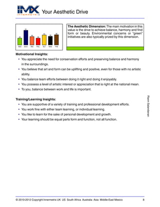 Your Aesthetic Drive
RiannSalandanan
© 2010-2012 Copyright Innermetrix UK US South Africa Australia Asia Middle-East Mexico 8
AES
38
ECO
81
IND
46
POL
38
ALT
55
REG
48
THE
56
The Aesthetic Dimension: The main motivation in this
value is the drive to achieve balance, harmony and find
form or beauty. Environmental concerns or “green”
initiatives are also typically prized by this dimension.
Motivational Insights:
• You appreciate the need for conservation efforts and preserving balance and harmony
in the surroundings.
• You believe that art and form can be uplifting and positive, even for those with no artistic
ability.
• You balance team efforts between doing it right and doing it enjoyably.
• You possess a level of artistic interest or appreciation that is right at the national mean.
• To you, balance between work and life is important.
Training/Learning Insights:
• You are supportive of a variety of training and professional development efforts.
• You work fine with either team learning, or individual learning.
• You like to learn for the sake of personal development and growth.
• Your learning should be equal parts form and function, not all function.
 
