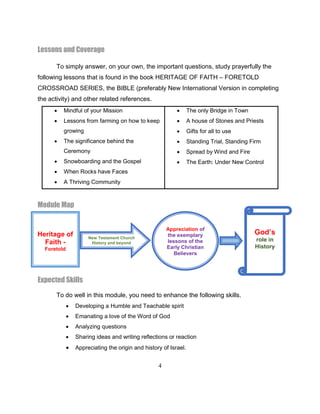 4
Lessons and Coverage
To simply answer, on your own, the important questions, study prayerfully the
following lessons that is found in the book HERITAGE OF FAITH – FORETOLD
CROSSROAD SERIES, the BIBLE (preferably New International Version in completing
the activity) and other related references.
 Mindful of your Mission
 Lessons from farming on how to keep
growing
 The significance behind the
Ceremony
 Snowboarding and the Gospel
 When Rocks have Faces
 A Thriving Community
 The only Bridge in Town
 A house of Stones and Priests
 Gifts for all to use
 Standing Trial, Standing Firm
 Spread by Wind and Fire
 The Earth: Under New Control
Module Map
Expected Skills
To do well in this module, you need to enhance the following skills.
 Developing a Humble and Teachable spirit
 Emanating a love of the Word of God
 Analyzing questions
 Sharing ideas and writing reflections or reaction
 Appreciating the origin and history of Israel.
Heritage of
Faith -
Foretold
New Testament Church
History and beyond
Appreciation of
the exemplary
lessons of the
Early Christian
Believers
God’s
role in
History
 