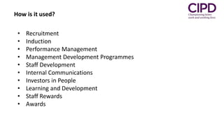 • Recruitment
• Induction
• Performance Management
• Management Development Programmes
• Staff Development
• Internal Communications
• Investors in People
• Learning and Development
• Staff Rewards
• Awards
How is it used?
 
