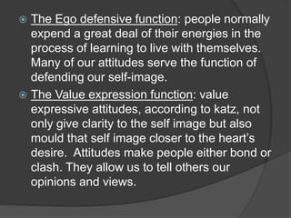  The Ego defensive function: people normally
expend a great deal of their energies in the
process of learning to live with themselves.
Many of our attitudes serve the function of
defending our self-image.
 The Value expression function: value
expressive attitudes, according to katz, not
only give clarity to the self image but also
mould that self image closer to the heart’s
desire. Attitudes make people either bond or
clash. They allow us to tell others our
opinions and views.
 