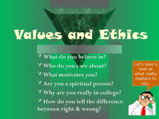 Values and Ethics
   What do you believe in?
   Who do you care about?           Let’s take a
                                       look at
   What motivates you?              what really
                                      matters to
   Are you a spiritual person?          you.

   Why are you really in college?
   How do you tell the difference
  between right & wrong?
 