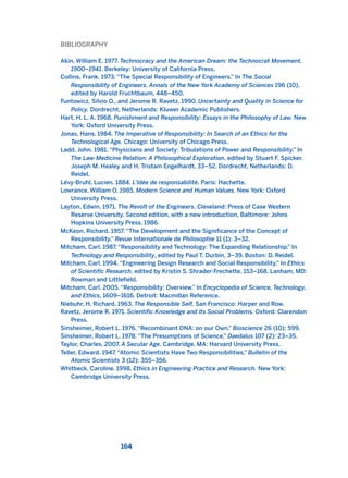 BIBLIOGRAPHY
Akin, William E. 1977. Technocracy and the American Dream: the Technocrat Movement,
1900–1941. Berkeley: University of California Press.
Collins, Frank. 1973. “The Special Responsibility of Engineers.” In The Social
Responsibility of Engineers, Annals of the New York Academy of Sciences 196 (10),
edited by Harold Fruchtbaum, 448–450.
Funtowicz, Silvio O., and Jerome R. Ravetz. 1990. Uncertainty and Quality in Science for
Policy. Dordrecht, Netherlands: Kluwer Academic Publishers.
Hart, H. L. A. 1968. Punishment and Responsibility: Essays in the Philosophy of Law. New
York: Oxford University Press.
Jonas, Hans. 1984. The Imperative of Responsibility: In Search of an Ethics for the
Technological Age. Chicago: University of Chicago Press.
Ladd, John. 1981. “Physicians and Society: Tribulations of Power and Responsibility.” In
The Law-Medicine Relation: A Philosophical Exploration, edited by Stuart F. Spicker,
Joseph M. Healey and H. Tristam Engelhardt, 33–52. Dordrecht, Netherlands: D.
Reidel.
Lévy-Bruhl, Lucien. 1884. L’Idée de responsabilité. Paris: Hachette.
Lowrance, William O. 1985. Modern Science and Human Values. New York: Oxford
University Press.
Layton, Edwin. 1971. The Revolt of the Engineers. Cleveland: Press of Case Western
Reserve University. Second edition, with a new introduction, Baltimore: Johns
Hopkins University Press, 1986.
McKeon, Richard. 1957. “The Development and the Significance of the Concept of
Responsibility.” Revue Internationale de Philosophie 11 (1): 3–32.
Mitcham, Carl. 1987. “Responsibility and Technology: The Expanding Relationship.” In
Technology and Responsibility, edited by Paul T. Durbin, 3–39. Boston: D. Reidel.
Mitcham, Carl. 1994. “Engineering Design Research and Social Responsibility.” In Ethics
of Scientific Research, edited by Kristin S. Shrader-Frechette, 153–168. Lanham, MD:
Rowman and Littlefield.
Mitcham, Carl. 2005. “Responsibility: Overview.” In Encyclopedia of Science, Technology,
and Ethics, 1609–1616. Detroit: Macmillan Reference.
Niebuhr, H. Richard. 1963. The Responsible Self. San Francisco: Harper and Row.
Ravetz, Jerome R. 1971. Scientific Knowledge and its Social Problems. Oxford: Clarendon
Press.
Sinsheimer, Robert L. 1976. “Recombinant DNA: on our Own.” Bioscience 26 (10): 599.
Sinsheimer, Robert L. 1978. “The Presumptions of Science,” Daedalus 107 (2): 23–35.
Taylor, Charles. 2007. A Secular Age. Cambridge, MA: Harvard University Press.
Teller, Edward. 1947. “Atomic Scientists Have Two Responsibilities,” Bulletin of the
Atomic Scientists 3 (12): 355–356.
Whitbeck, Caroline. 1998. Ethics in Engineering Practice and Research. New York:
Cambridge University Press.
164
2011 B08 ETICA INGLES 005 30/12/11 11:00 Página 164
 