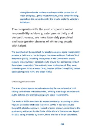 strengthen climate resilience and support the production of
clean energies […] they must stimulate, while complementing
regulation, the commitment by the private sector to voluntary
initiatives.
The magnitude of the social call for greater corporate social responsibility
appears in full force in the findings of the aforementioned Edelman Trust
Barometer (2011). On asking those polled if “the Government should
regulate the activities of corporations to ensure that companies conduct
themselves responsibly,” the replies in favor predominated. They were:
United Kingdom (82%), Canada (74%), Sweden (66%), China (62%), United
States (61%),India (61%) and Brazil (53%).
Enhancing Volunteerism
The open ethical agenda includes deepening the commitment of civil
society to eliminate “ethical scandals,” working in strategic alliances with
public policies, and promoting corporate social responsibility.
The world of NGOs continues to expand and today, according to Johns
Hopkins University statistics (Salomon, 2003), it now constitutes
the eighth global economy in respect of gross product. According to the
preliminary estimates for the State of the World’s Volunteerism Report
for 2011 being prepared by the UN, there are now a billion volunteers.
The companies with the most corporate social
responsibility achieve greater productivity and
competitiveness, are more favorably perceived
and have greater chances of attracting people
with talent
293
2011 B08 ETICA INGLES 010 30/12/11 11:05 Página 293
 