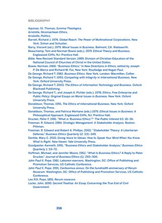 BIBLIOGRAPHY
Aquinas, St. Thomas, Summa Theologica.
Aristotle, Nicomachean Ethics.
Aristotle, Politics.
Barnet, Richard J. 1974. Global Reach: The Power of Multinational Corporations. New
York: Simon and Schuster.
Barry, Vincent (ed.). 1979. Moral Issues in Business. Belmont, CA: Wadsworth.
Beauchamp, Tom and Norman Bowie (eds.). 1979. Ethical Theory and Business.
Englewood Cliffs, NJ: Prentice Hall.
Bible. New Revised Standard Version. 1989. Division of Christian Education of the
National Council of Churches of Christ in the United States.
Bowie, Norman. 1966. “Business Ethics.” In New Directions in Ethics, edited by Joseph
P. De Marco and Richard M. Fox. New York: Routledge and Kegan Paul.
De George, Richard T. 1982. Business Ethics. New York, London: Macmillan, Collier.
De George, Richard T. 1993. Competing with Integrity in International Business. New
York: Oxford University Press.
De George, Richard T. 2003. The Ethics of Information Technology and Business. Oxford:
Blackwell Publishing.
De George, Richard T., and Joseph A. Pichler (eds.). 1978. Ethics, Free Enterprise and
Public Policy: Original Essays on Moral Issues in Business. New York: Oxford
University Press.
Donaldson, Thomas. 1991. The Ethics of International Business. New York: Oxford
University Press.
Donaldson, Thomas, and Patricia Werhane (eds.) 1979. Ethical Issues in Business: A
Philosophical Approach. Englewood Cliffs, NJ: Prentice Hall.
Drucker, Peter F. 1981. “What is ‘Business Ethics’?” The Public Interest 63: 18–36.
Freeman, R. Edward. 1984. Strategic Management: A Stakeholder Analysis. Boston:
Pittman.
Freeman, R. Edward and Robert A. Phillips. 2002. “Stakeholder Theory: A Libertarian
Defense,” Business Ethics Quarterly 12: 331–349.
Gentile, Mary C. 2010. Giving Voice to Values: How to Speak Your Mind When You Know
What Is Right. New Haven: Yale University Press.
Goodpaster, Kenneth. 1991. “Business Ethics and Stakeholder Analysis.” Business Ethics
Quarterly 1: 53–72.
Hoffman, Michael, and Jennifer Moore, 1962. “What Is Business Ethics? A Reply to Peter
Drucker,” Journal of Business Ethics (1): 293–300.
John Paul II, Pope. 1981. Laborem exercens. Washington, DC: Office of Publishing and
Promotion Services, US Catholic Conference.
John Paul II, Pope. 1991. Centesimus annus: On the hundredth anniversary of Rerum
Novarum. Washington, DC: Office of Publishing and Promotion Services, US Catholic
Conference.
Leo XIII, Pope. 1891. Rerum novarum.
Locke, John. 1690. Second Treatise: An Essay Concerning the True End of Civil
Government.
358
2011 B08 ETICA INGLES 012 30/12/11 11:06 Página 358
 