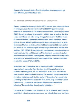 they can change much faster. Their implications for management are
quite different, as will be shown later.
THE DIMENSIONS PARADIGM IN STUDYING THE SOCIAL WORLD
My own cross-cultural research in the 1970s started from a large database
of employee value statements (more than 100,000 questionnaires)
collected in subsidiaries of the IBM corporation in 40 countries (Hofstede
1980). Being trained as a psychologist, I initially tried to analyze the data
across individuals, but after a long struggle I discovered that they made
much more sense if I compared mean answers across countries. When I
did that, I could relate the differences between country cultures to basic
dilemmas of human societies, which had been described 20 years earlier
in a review of the anthropological and sociological literature (Inkeles and
Levinson 1969 [1954]). These dilemmas corresponded with dimensions on
which each country could be scored. The dimension approach to culture
research has since become a paradigm for empirical cross-cultural research.
A paradigm is “a model from which spring particular coherent traditions
of scientific research” (Kuhn 1970).
Dimensions are a conceptual way of dividing complex realities into
separate basic elements. Many thinkers about the social world have
divided it into categories, but the dimensions in this case are not born
from armchair reflection but from empirical research, using the methods
of modern statistical analysis. Like ‘culture’, ‘dimensions’ are constructs.
According to the definition by Levitin cited above, they should be “useful
in predicting … observable and measurable verbal and nonverbal
behaviors.” Demonstrating these is called validation.
The social world is like a cake that can be cut in different ways: the way
we divide it into dimensions depends on our intended purpose for them.
390
2011 B08 ETICA INGLES 014 30/12/11 11:08 Página 390
 