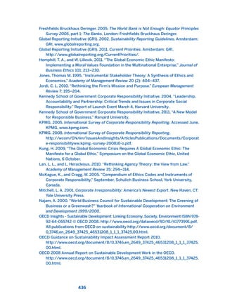 Freshfields Bruckhaus Deringer. 2005. The World Bank is Not Enough: Equator Principles
Survey 2005, part 1: The Banks. London: Freshfields Bruckhaus Deringer.
Global Reporting Initiative (GRI). 2002. Sustainability Reporting Guidelines. Amsterdam:
GRI. www.globalreporting.org.
Global Reporting Initiative (GRI). 2011. Current Priorities. Amsterdam: GRI.
http://www.globalreporting.org/CurrentPriorities/.
Hemphill, T. A., and W. Lillevik. 2011. “The Global Economic Ethic Manifesto:
Implementing a Moral Values Foundation in the Multinational Enterprise.” Journal of
Business Ethics 101: 213–230.
Jones, Thomas M. 1995. “Instrumental Stakeholder Theory: A Synthesis of Ethics and
Economics.” Academy of Management Review 20 (2): 404–437.
Jordi, C. L. 2010. “Rethinking the Firm’s Mission and Purpose.” European Management
Review 7: 195–204.
Kennedy School of Government Corporate Responsibility Initiative. 2004. “Leadership,
Accountability and Partnership: Critical Trends and Issues in Corporate Social
Responsibility.” Report of Launch Event March 4, Harvard University.
Kennedy School of Government Corporate Responsibility Initiative. 2011. “A New Model
for Responsible Business.” Harvard University.
KPMG. 2005. International Survey of Corporate Responsibility Reporting. Accessed June,
KPMG, www.kpmg.com.
KPMG. 2008. International Survey of Corporate Responsibility Reporting.
http://wcom/CN/en/IssuesAndInsights/ArticlesPublications/Documents/Corporat
e-responsibilityww.kpmg.-survey-200810-o.pdf.
Kung, H. 2009. “The Global Economic Crisis Requires A Global Economic Ethic: The
Manifesto for a Global Ethic.” Symposium on the Global Economic Ethic, United
Nations, 6 October.
Lan, L. L., and L. Heracleous. 2010. “Rethinking Agency Theory: the View from Law.”
Academy of Management Review 35: 294–314.
McKague, K., and Cragg, W. 2005. “Compendium of Ethics Codes and Instruments of
Corporate Responsibility,” September, Schulich Business School, York University,
Canada.
Mitchell, L. A. 2001. Corporate Irresponsibility: America’s Newest Export. New Haven, CT:
Yale University Press.
Najam, A. 2000. “World Business Council for Sustainable Development: The Greening of
Business or a Greenwash?” Yearbook of International Cooperation on Environment
and Development 1999/2000.
OECD Insights - Sustainable Development: Linking Economy, Society, Environment ISBN 978-
92-64-055742 © OECD 2008. http://www.oecd.org/dataoecd/40/41/41773991.pdf.
All publications from OECD on sustainability http://www.oecd.org/document/8/
0,3746,en_2649_37425_46531208_1_1_1_37425,00.html.
OECD Guidance on Sustainability Impact Assessment Report 2010.
http://www.oecd.org/document/8/0,3746,en_2649_37425_46531208_1_1_1_37425,
00.html.
OECD 2008 Annual Report on Sustainable Development Work in the OECD.
http://www.oecd.org/document/8/0,3746,en_2649_37425_46531208_1_1_1_37425,
00.html.
436
2011 B08 ETICA INGLES 015 30/12/11 11:09 Página 436
 