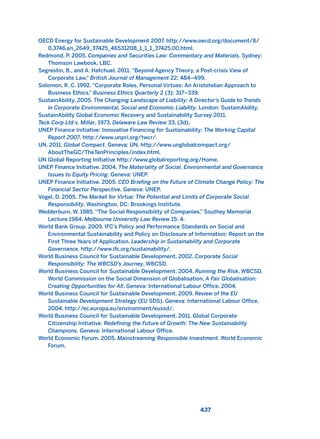 OECD Energy for Sustainable Development 2007. http://www.oecd.org/document/8/
0,3746,en_2649_37425_46531208_1_1_1_37425,00.html.
Redmond, P. 2005. Companies and Securities Law: Commentary and Materials. Sydney:
Thomson Lawbook, LBC.
Segrestin, B., and A. Hatchuel. 2011. “Beyond Agency Theory, a Post-crisis View of
Corporate Law.” British Journal of Management 22: 484–499.
Solomon, R. C. 1992. “Corporate Roles, Personal Virtues: An Aristotelian Approach to
Business Ethics.” Business Ethics Quarterly 2 (3): 317–339.
SustainAbility. 2005. The Changing Landscape of Liability: A Director’s Guide to Trends
in Corporate Environmental, Social and Economic Liability. London: SustainAbility.
SustainAbility Global Economic Recovery and Sustainability Survey 2011.
Teck Corp Ltd v. Millar. 1973. Delaware Law Review 33, (3d).
UNEP Finance Initiative: Innovative Financing for Sustainability: The Working Capital
Report 2007. http://www.unpri.org/twcr/.
UN. 2011. Global Compact. Geneva: UN. http://www.unglobalcompact.org/
AboutTheGC/TheTenPrinciples/index.html.
UN Global Reporting Initiative http://www.globalreporting.org/Home.
UNEP Finance Initiative. 2004. The Materiality of Social, Environmental and Governance
Issues to Equity Pricing. Geneva: UNEP.
UNEP Finance Initiative. 2005. CEO Briefing on the Future of Climate Change Policy: The
Financial Sector Perspective. Geneva: UNEP.
Vogel, D. 2005. The Market for Virtue: The Potential and Limits of Corporate Social
Responsibility. Washington, DC: Brookings Institute.
Wedderburn, W. 1985. “The Social Responsibility of Companies,” Southey Memorial
Lecture 1984. Melbourne University Law Review 15: 4.
World Bank Group. 2009. IFC’s Policy and Performance Standards on Social and
Environmental Sustainability and Policy on Disclosure of Information: Report on the
First Three Years of Application. Leadership in Sustainability and Corporate
Governance. http://www.ifc.org/sustainability/.
World Business Council for Sustainable Development. 2002. Corporate Social
Responsibility: The WBCSD’s Journey, WBCSD.
World Business Council for Sustainable Development. 2004. Running the Risk, WBCSD.
World Commission on the Social Dimension of Globalisation, A Fair Globalisation:
Creating Opportunities for All. Geneva: International Labour Office. 2004.
World Business Council for Sustainable Development. 2009. Review of the EU
Sustainable Development Strategy (EU SDS). Geneva: International Labour Office,
2004. http://ec.europa.eu/environment/eussd/.
World Business Council for Sustainable Development. 2011. Global Corporate
Citizenship Initiative: Redefining the Future of Growth: The New Sustainability
Champions. Geneva: International Labour Office.
World Economic Forum. 2005. Mainstreaming Responsible Investment. World Economic
Forum.
437
2011 B08 ETICA INGLES 015 30/12/11 11:09 Página 437
 