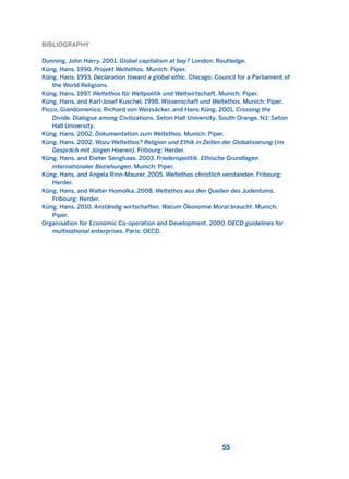 BIBLIOGRAPHY
Dunning, John Harry. 2001. Global capitalism at bay? London: Routledge.
Küng, Hans. 1990. Projekt Weltethos. Munich: Piper.
Küng, Hans. 1993. Declaration toward a global ethic. Chicago: Council for a Parliament of
the World Religions.
Küng, Hans. 1997. Weltethos für Weltpolitik und Weltwirtschaft. Munich: Piper.
Küng, Hans, and Karl-Josef Kuschel. 1998. Wissenschaft und Weltethos. Munich: Piper.
Picco, Giandomenico, Richard von Weizsäcker, and Hans Küng. 2001. Crossing the
Divide. Dialogue among Civilizations. Seton Hall University, South Orange, NJ: Seton
Hall University.
Küng, Hans. 2002. Dokumentation zum Weltethos. Munich: Piper.
Küng, Hans. 2002. Wozu Weltethos? Religion und Ethik in Zeiten der Globalisierung (im
Gespräch mit Jürgen Hoeren). Fribourg: Herder.
Küng, Hans, and Dieter Senghaas. 2003. Friedenspolitik. Ethische Grundlagen
internationaler Beziehungen. Munich: Piper.
Küng, Hans, and Angela Rinn-Maurer. 2005. Weltethos christlich verstanden. Fribourg:
Herder.
Küng, Hans, and Walter Homolka. 2008. Weltethos aus den Quellen des Judentums.
Fribourg: Herder.
Küng, Hans. 2010. Anständig wirtschaften. Warum Ökonomie Moral braucht. Munich:
Piper.
Organisation for Economic Co-operation and Development. 2000. OECD guidelines for
multinational enterprises. Paris: OECD.
55
2011 B08 ETICA INGLES 001B 30/12/11 11:13 Página 55
 