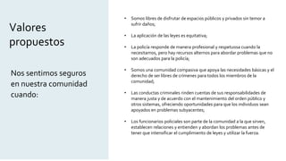 • Put bullet points in here if
you have text.
• Ooh / Ahh
• Add image or chart to white
space
2.Table of Contents
Nos sentimos seguros
en nuestra comunidad
cuando:
Valores
propuestos
• Somos libres de disfrutar de espacios públicos y privados sin temor a
sufrir daños;
• La aplicación de las leyes es equitativa;
• La policía responde de manera profesional y respetuosa cuando la
necesitamos, pero hay recursos alternos para abordar problemas que no
son adecuados para la policía;
• Somos una comunidad compasiva que apoya las necesidades básicas y el
derecho de ser libres de crímenes para todos los miembros de la
comunidad;
• Las conductas criminales rinden cuentas de sus responsabilidades de
manera justa y de acuerdo con el mantenimiento del orden público y
otros sistemas, ofreciendo oportunidades para que los individuos sean
apoyados en problemas subyacentes;
• Los funcionarios policiales son parte de la comunidad a la que sirven,
establecen relaciones y entienden y abordan los problemas antes de
tener que intensificar el cumplimiento de leyes y utilizar la fuerza.
 