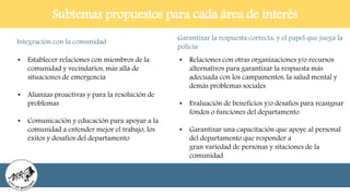 Subtemas propuestos para cada área de interés
Integración con la comunidad
• Establecer relaciones con miembros de la
comunidad y vecindarios, más allá de
situaciones de emergencia
• Alianzas proactivas y para la resolución de
problemas
• Comunicación y educación para apoyar a la
comunidad a entender mejor el trabajo, los
éxitos y desafíos del departamento
Garantizar la respuesta correcta, y el papel que juega la
policía
• Relaciones con otras organizaciones y/o recursos
alternativos para garantizar la respuesta más
adecuada con los campamentos, la salud mental y
demás problemas sociales
• Evaluación de beneficios y/o desafíos para reasignar
fondos o funciones del departamento
• Garantizar una capacitación que apoye al personal
del departamento que responder a
gran variedad de personas y sitaciones de la
comunidad
 