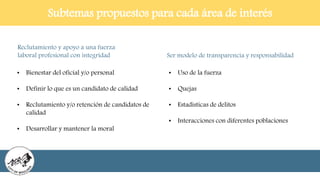 Subtemas propuestos para cada área de interés
Reclutamiento y apoyo a una fuerza
laboral profesional con integridad
• Bienestar del oficial y/o personal
• Definir lo que es un candidato de calidad
• Reclutamiento y/o retención de candidatos de
calidad
• Desarrollar y mantener la moral
Ser modelo de transparencia y responsabilidad
• Uso de la fuerza
• Quejas
• Estadisticas de delitos
• Interacciones con diferentes poblaciones
 