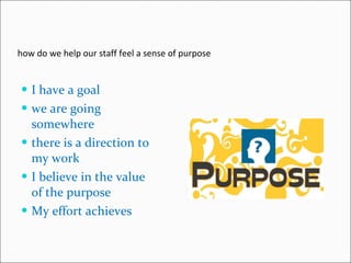 how do we help our staff feel a sense of purpose I have a goal we are going somewhere there is a direction to my work I believe in the value of the purpose My effort achieves 