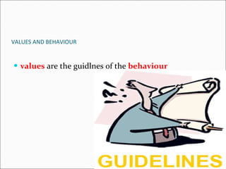 VALUES AND BEHAVIOUR values   are the guidlnes of the  behaviour 