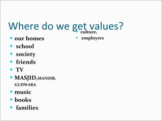 Where do we get values? our homes school society friends TV MASJID, MANDIR, GUDWARA   music books families culture, employers 
