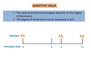 GENOTYPIC VALUE
 The value of d of the heterozygote depends on the degree
of dominance.
 The degree of dominance may be expressed as d/a .
 