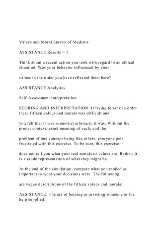 Values and Moral Survey of Students
ASSISTANCE Results = 1
Think about a recent action you took with regard to an ethical
situation. Was your behavior influenced by your
values in the order you have reflected them here?
ASSISTANCE Analytics
Self-Assessment Interpretation
SCORING AND INTERPRETATION: If trying to rank in order
these fifteen values and morals was difficult and
you felt that it was somewhat arbitrary; it was. Without the
proper context, exact meaning of each, and the
problem of one concept being like others, everyone gets
frustrated with this exercise. To be sure, this exercise
does not tell you what your real morals or values are. Rather, it
is a crude representation of what they might be.
At the end of the simulation, compare what you ranked as
important to what your decisions were. The following
are vague descriptions of the fifteen values and morals:
ASSISTANCE: The act of helping or assisting someone or the
help supplied.
 