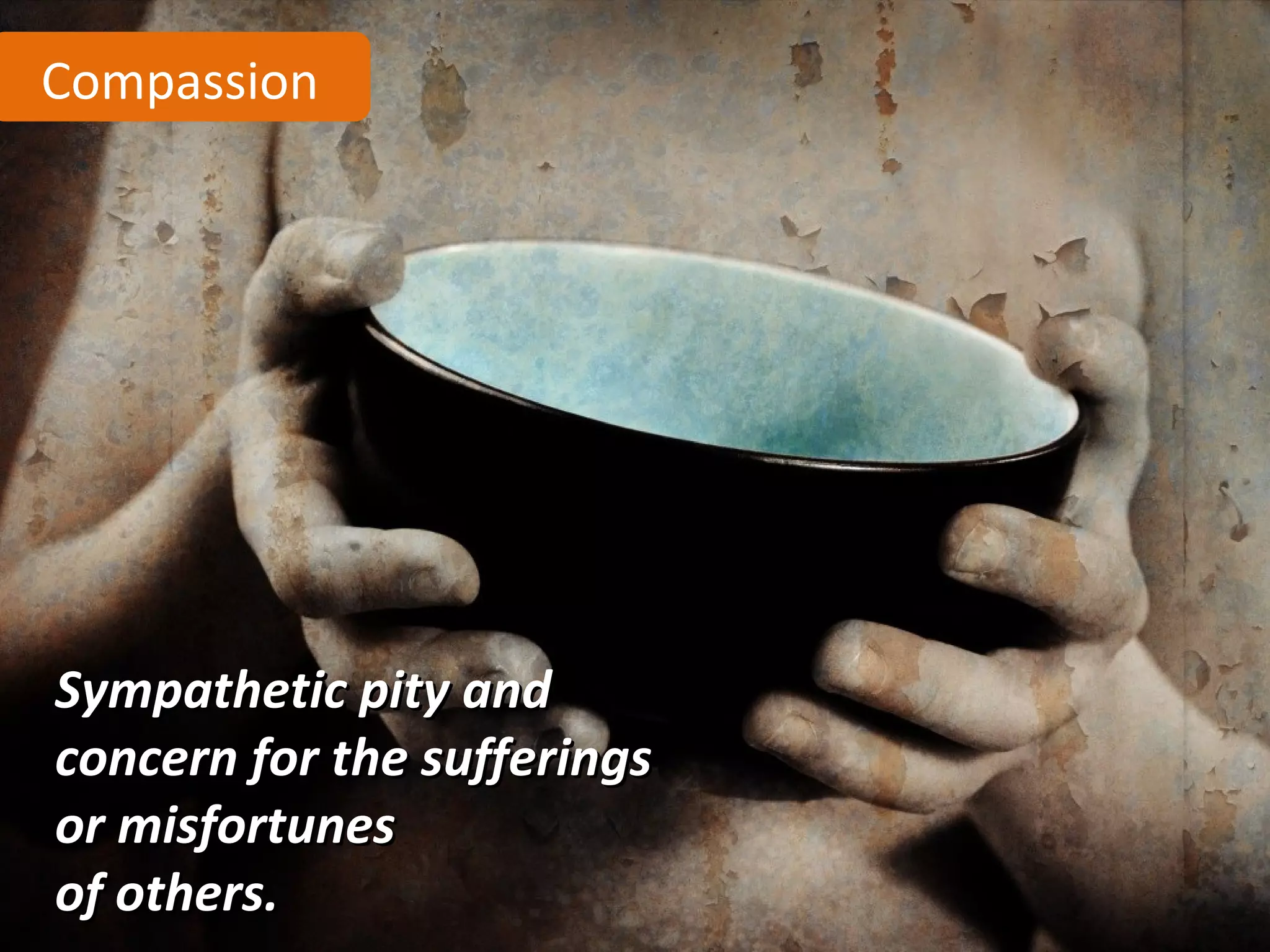Compassion




Sympathetic pity and
concern for the sufferings
or misfortunes
of others.
 