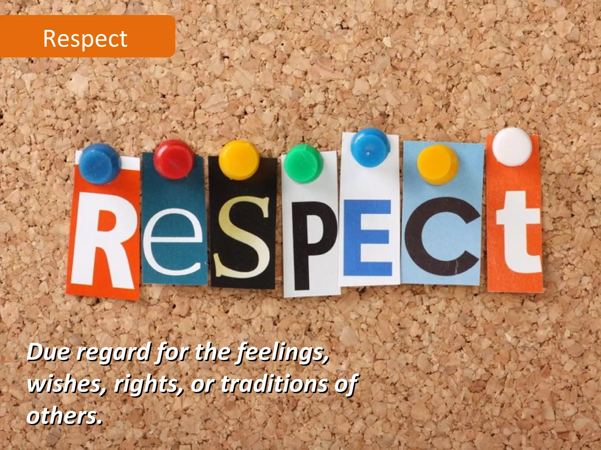 Respect




Due regard for the feelings,
wishes, rights, or traditions of
others.
 