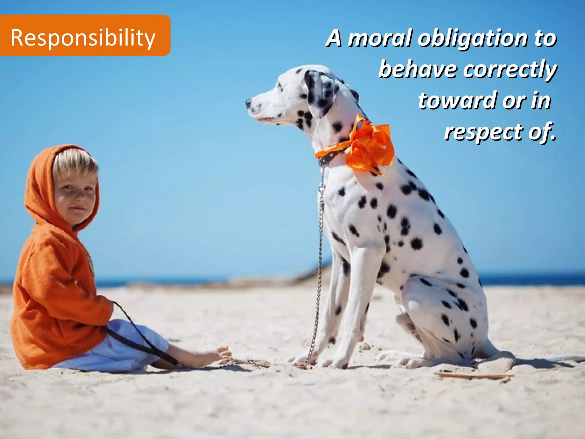 Responsibility   A moral obligation to
                     behave correctly
                         toward or in
                           respect of.
 