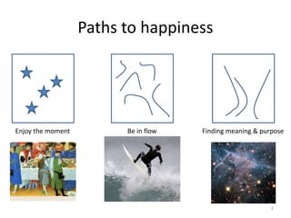 Paths to happiness

Enjoy the moment

Be in flow

Finding meaning & purpose

2

 