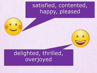 satisfied, contented,
happy, pleased
delighted, thrilled,
overjoyed
 