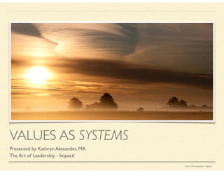 © Art Of Leadership - Impact!
VALUES AS SYSTEMS
Presented by Kathryn Alexander, MA	

The Art of Leadership - Impact!
 
