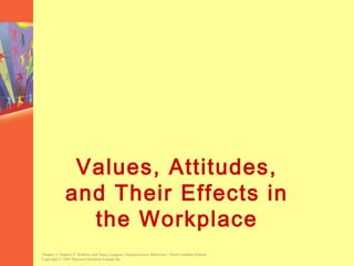 Values, Attitudes,
             and Their Effects in
               the Workplace
Chapter 3, Stephen P. Robbins and Nancy Langton, Organizational Behaviour, Third Canadian Edition.
Copyright © 2003 Pearson Education Canada Inc.
 