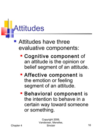 Attitudes


Attitudes have three
evaluative components:






Chapter 4

Cognitive component of
an attitude is the opinion or
belief segment of an attitude.
Affective component is
the emotion or feeling
segment of an attitude.
Behavioral component is
the intention to behave in a
certain way toward someone
or something.
Copyright 2006,
Vandeveer, Menefee,
Sinclair

10

 