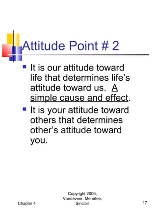 Attitude Point # 2




It is our attitude toward
life that determines life’s
attitude toward us. A
simple cause and effect.
It is your attitude toward
others that determines
other’s attitude toward
you.

Chapter 4

Copyright 2006,
Vandeveer, Menefee,
Sinclair

17

 