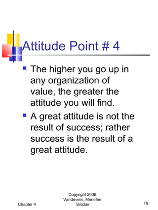 Attitude Point # 4




The higher you go up in
any organization of
value, the greater the
attitude you will find.
A great attitude is not the
result of success; rather
success is the result of a
great attitude.

Chapter 4

Copyright 2006,
Vandeveer, Menefee,
Sinclair

19

 
