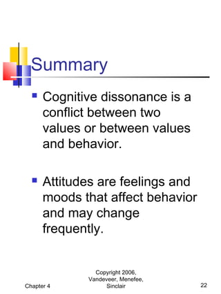 Summary




Cognitive dissonance is a
conflict between two
values or between values
and behavior.
Attitudes are feelings and
moods that affect behavior
and may change
frequently.

Chapter 4

Copyright 2006,
Vandeveer, Menefee,
Sinclair

22

 