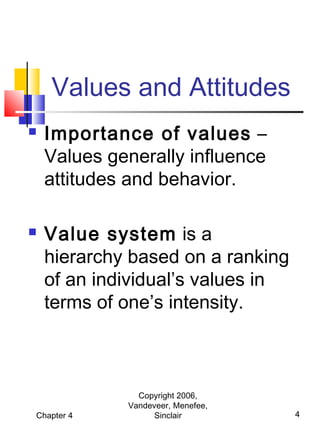 Values and Attitudes




Importance of values –
Values generally influence
attitudes and behavior.
Value system is a
hierarchy based on a ranking
of an individual’s values in
terms of one’s intensity.

Chapter 4

Copyright 2006,
Vandeveer, Menefee,
Sinclair

4

 