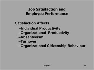 Job Satisfaction and Employee Performance Satisfaction Affects – Individual Productivity –Organizational  Productivity –Absenteeism –Turnover –Organizational Citizenship Behaviour Chapter 3 