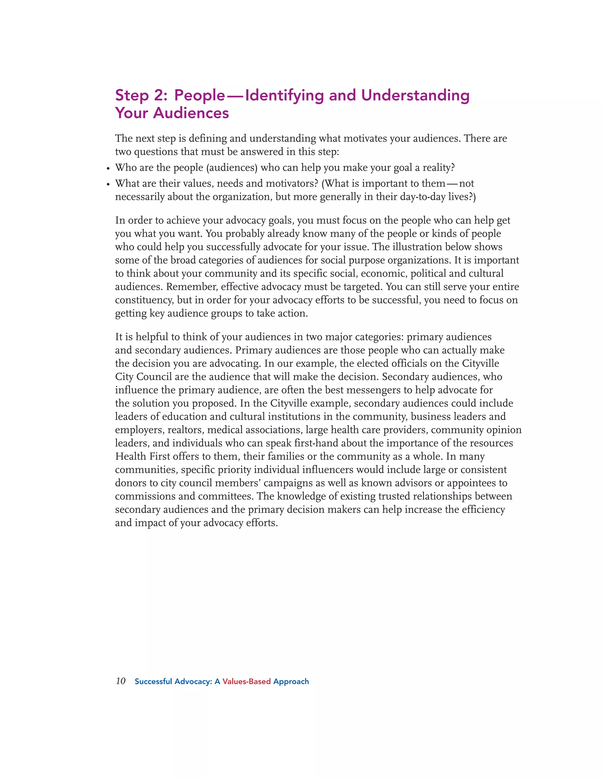 Step 2: People — Identifying and Understanding
Your Audiences
The next step is defining and understanding what motivates your audiences. There are
two questions that must be answered in this step:
• Who are the people (audiences) who can help you make your goal a reality?
• What are their values, needs and motivators? (What is important to them — not
necessarily about the organization, but more generally in their day-to-day lives?)
In order to achieve your advocacy goals, you must focus on the people who can help get
you what you want. You probably already know many of the people or kinds of people
who could help you successfully advocate for your issue. The illustration below shows
some of the broad categories of audiences for social purpose organizations. It is important
to think about your community and its specific social, economic, political and cultural
audiences. Remember, effective advocacy must be targeted. You can still serve your entire
constituency, but in order for your advocacy efforts to be successful, you need to focus on
getting key audience groups to take action.
It is helpful to think of your audiences in two major categories: primary audiences
and secondary audiences. Primary audiences are those people who can actually make
the decision you are advocating. In our example, the elected officials on the Cityville
City Council are the audience that will make the decision. Secondary audiences, who
influence the primary audience, are often the best messengers to help advocate for
the solution you proposed. In the Cityville example, secondary audiences could include
leaders of education and cultural institutions in the community, business leaders and
employers, realtors, medical associations, large health care providers, community opinion
leaders, and individuals who can speak first-hand about the importance of the resources
Health First offers to them, their families or the community as a whole. In many
communities, specific priority individual influencers would include large or consistent
donors to city council members’ campaigns as well as known advisors or appointees to
commissions and committees. The knowledge of existing trusted relationships between
secondary audiences and the primary decision makers can help increase the efficiency
and impact of your advocacy efforts.

10

Successful Advocacy: A Values-Based Approach

 
