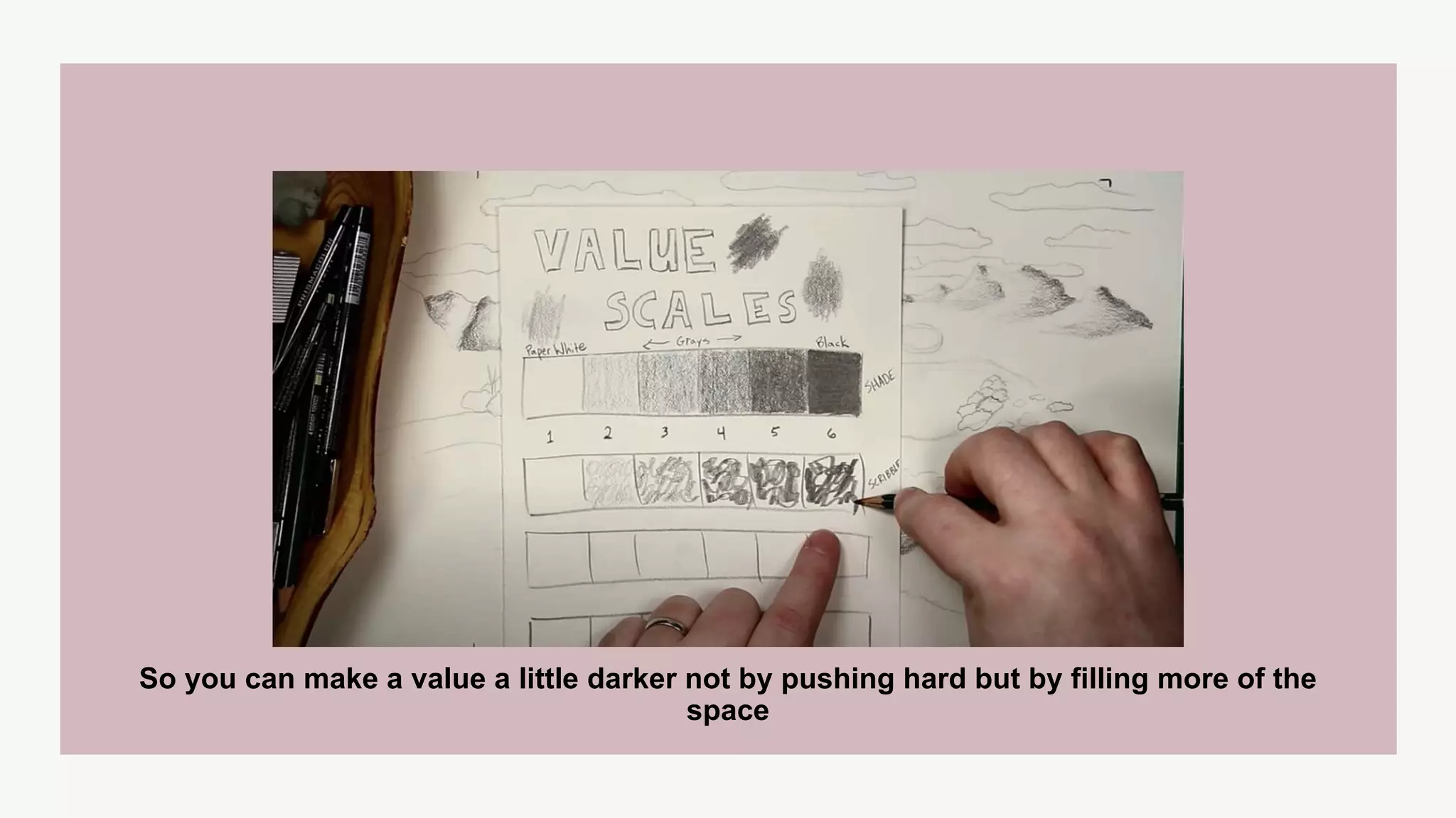 So you can make a value a little darker not by pushing hard but by filling more of the
space
 