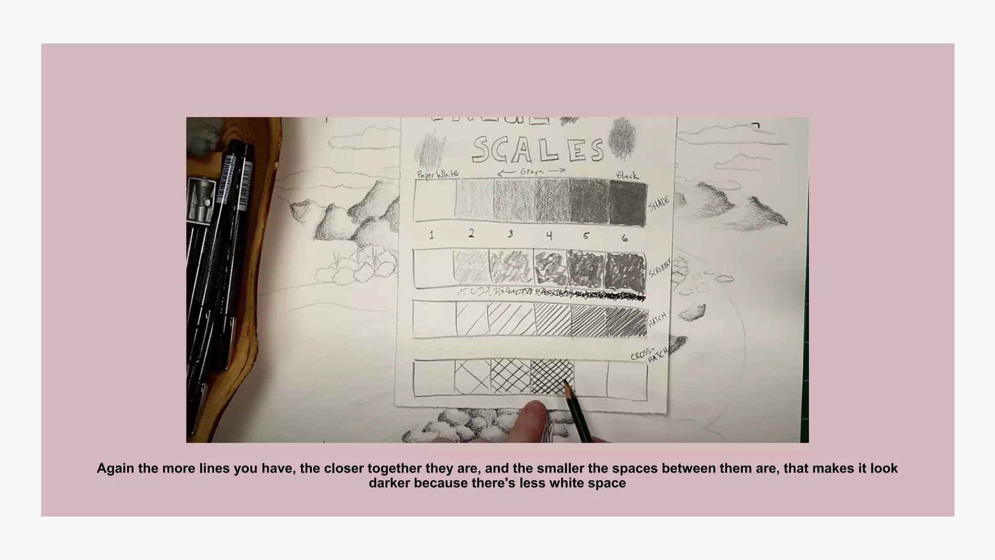 Again the more lines you have, the closer together they are, and the smaller the spaces between them are, that makes it look
darker because there's less white space
 