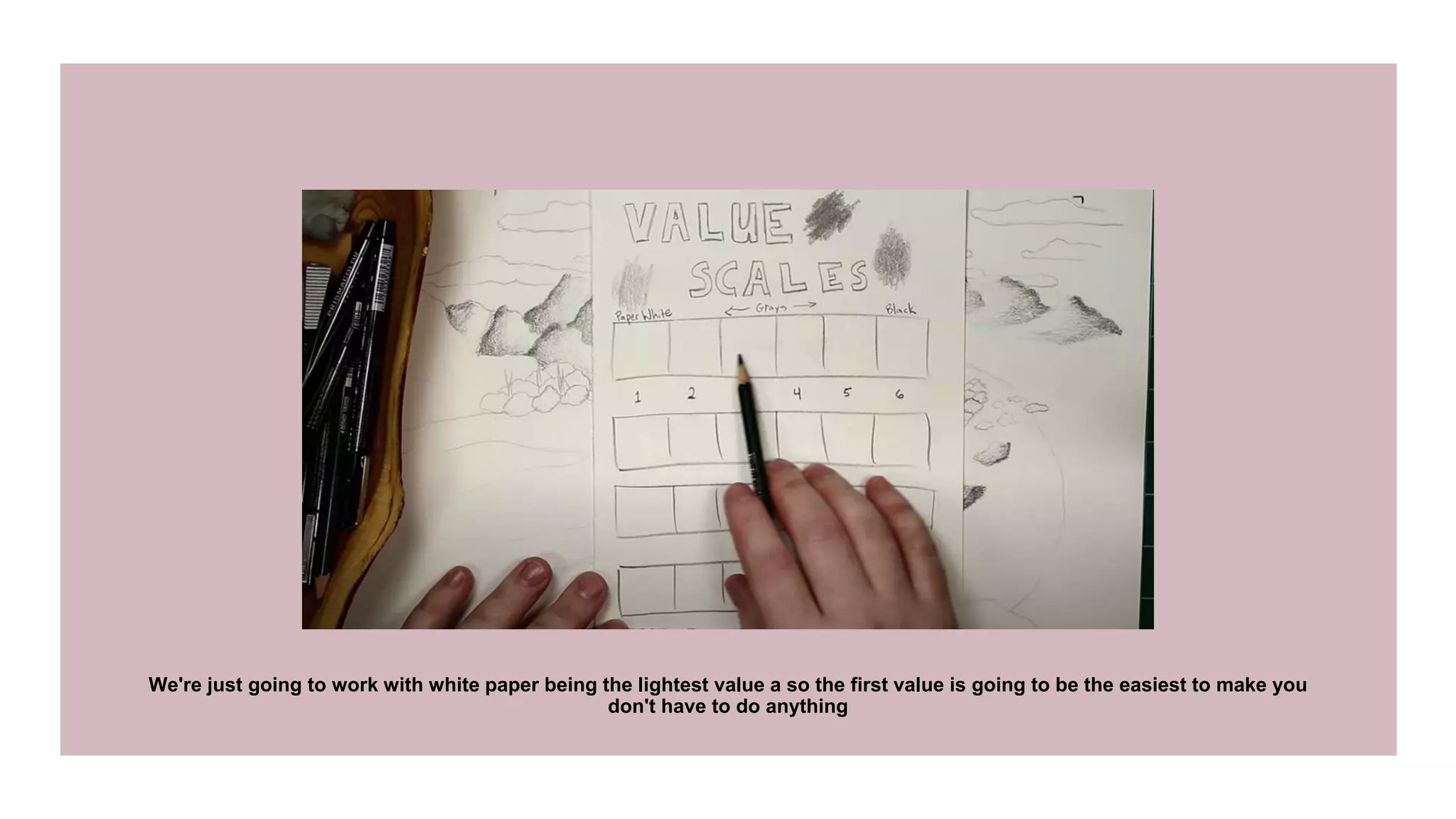 We're just going to work with white paper being the lightest value a so the first value is going to be the easiest to make you
don't have to do anything
 