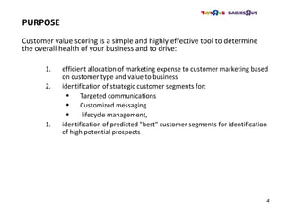 Customer value scoring is a simple and highly effective tool to determine
the overall health of your business and to drive:
1. efficient allocation of marketing expense to customer marketing based
on customer type and value to business
2. identification of strategic customer segments for:
• Targeted communications
• Customized messaging
• lifecycle management,
1. identification of predicted "best" customer segments for identification
of high potential prospects
PURPOSE
4
 