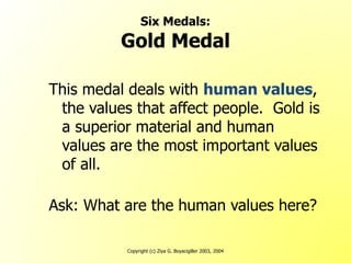 Copyright (c) Ziya G. Boyacigiller 2003, 2004
Six Medals:
Gold Medal
This medal deals with human values,
the values that affect people. Gold is
a superior material and human
values are the most important values
of all.
Ask: What are the human values here?
 
