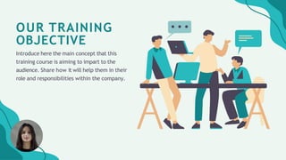 OUR TRAINING
OBJECTIVE
Introduce here the main concept that this
training course is aiming to impart to the
audience. Share how it will help them in their
role and responsibilities within the company.
 