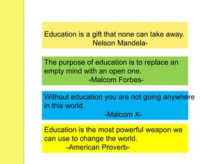 Education is a gift that none can take away.
Nelson Mandela-
The purpose of education is to replace an
empty mind with an open one.
-Malcom Forbes-
Without education you are not going anywhere
in this world.
-Malcom X-
Education is the most powerful weapon we
can use to change the world.
-American Proverb-
 