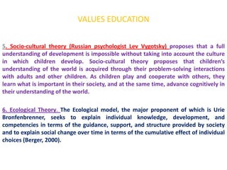 VALUES EDUCATION

5. Socio-cultural theory (Russian psychologist Lev Vygotsky) proposes that a full
understanding of development is impossible without taking into account the culture
in which children develop. Socio-cultural theory proposes that children’s
understanding of the world is acquired through their problem-solving interactions
with adults and other children. As children play and cooperate with others, they
learn what is important in their society, and at the same time, advance cognitively in
their understanding of the world.

6. Ecological Theory. The Ecological model, the major proponent of which is Urie
Bronfenbrenner, seeks to explain individual knowledge, development, and
competencies in terms of the guidance, support, and structure provided by society
and to explain social change over time in terms of the cumulative effect of individual
choices (Berger, 2000).
 