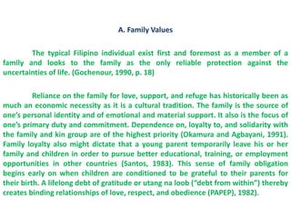 A. Family Values

        The typical Filipino individual exist first and foremost as a member of a
family and looks to the family as the only reliable protection against the
uncertainties of life. (Gochenour, 1990, p. 18)

          Reliance on the family for love, support, and refuge has historically been as
much an economic necessity as it is a cultural tradition. The family is the source of
one’s personal identity and of emotional and material support. It also is the focus of
one’s primary duty and commitment. Dependence on, loyalty to, and solidarity with
the family and kin group are of the highest priority (Okamura and Agbayani, 1991).
Family loyalty also might dictate that a young parent temporarily leave his or her
family and children in order to pursue better educational, training, or employment
opportunities in other countries (Santos, 1983). This sense of family obligation
begins early on when children are conditioned to be grateful to their parents for
their birth. A lifelong debt of gratitude or utang na loob (“debt from within”) thereby
creates binding relationships of love, respect, and obedience (PAPEP), 1982).
 