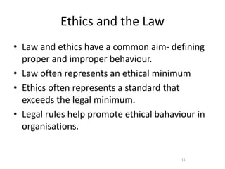Ethics and the Law
15
• Law and ethics have a common aim- defining
proper and improper behaviour.
• Law often represents a...