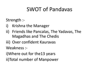 SWOT of Pandavas
Strength :-
i) Krishna the Manager
ii) Friends like Pancalas, The Yadavas, The
     Magadhas and The Chedis
iii) Over confident Kauravas
Weakness :-
i)Where out for the13 years
ii)Total number of Manpower
 