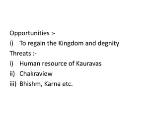 Opportunities :-
i) To regain the Kingdom and degnity
Threats :-
i) Human resource of Kauravas
ii) Chakraview
iii) Bhishm, Karna etc.
 