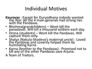 Individual Motives
Kauravas : Except for Duryodhana nobody wanted
  the War. All the 4 main generals had strong ties
  with the Pandavas.
• Bhishma(grandchildern) – Wont kill the
  panadavas. Will kill a thousand soldiers each day.
• Drona (students) – Wont kill the Pandavas. Will
  capture them only.
• Shalya (Nakula-Shadeva’s maternal uncle) : Loved
  the Pandavas and covertly helped them by
  humiliating Karna
• Karna (brother to the Pandavas) : Promised not to
  kill any of the other Pandavas save Arjuna.
A Team of Traitors.
 
