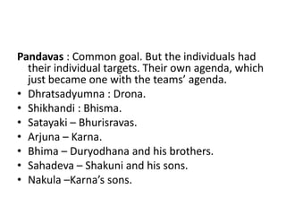 Pandavas : Common goal. But the individuals had
  their individual targets. Their own agenda, which
  just became one with the teams’ agenda.
• Dhratsadyumna : Drona.
• Shikhandi : Bhisma.
• Satayaki – Bhurisravas.
• Arjuna – Karna.
• Bhima – Duryodhana and his brothers.
• Sahadeva – Shakuni and his sons.
• Nakula –Karna’s sons.
 