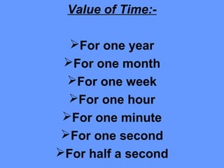Value of Time:-
For one year
For one month
For one week
For one hour
For one minute
For one second
For half a second
 